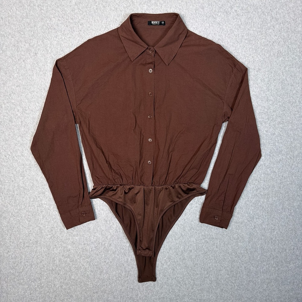 RNWY Contemporary Fashion Brown Long Sleeve Button Down Bodysuit Medium